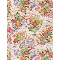 Japanese Chiyogami paper with colorful layered flowers, leaves, and trailing stems on a soft blush-pink background.