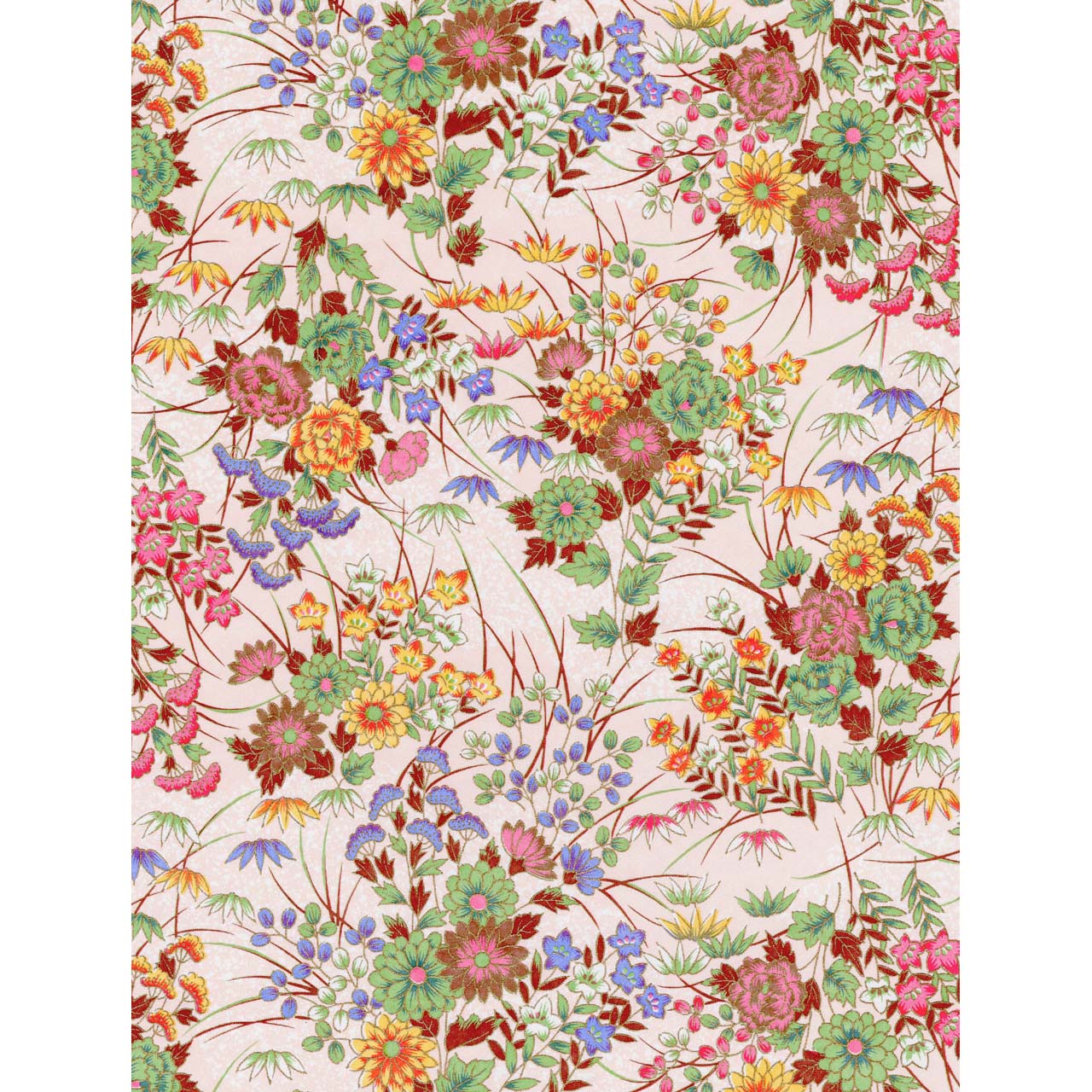 Japanese Chiyogami paper with colorful layered flowers, leaves, and trailing stems on a soft blush-pink background.