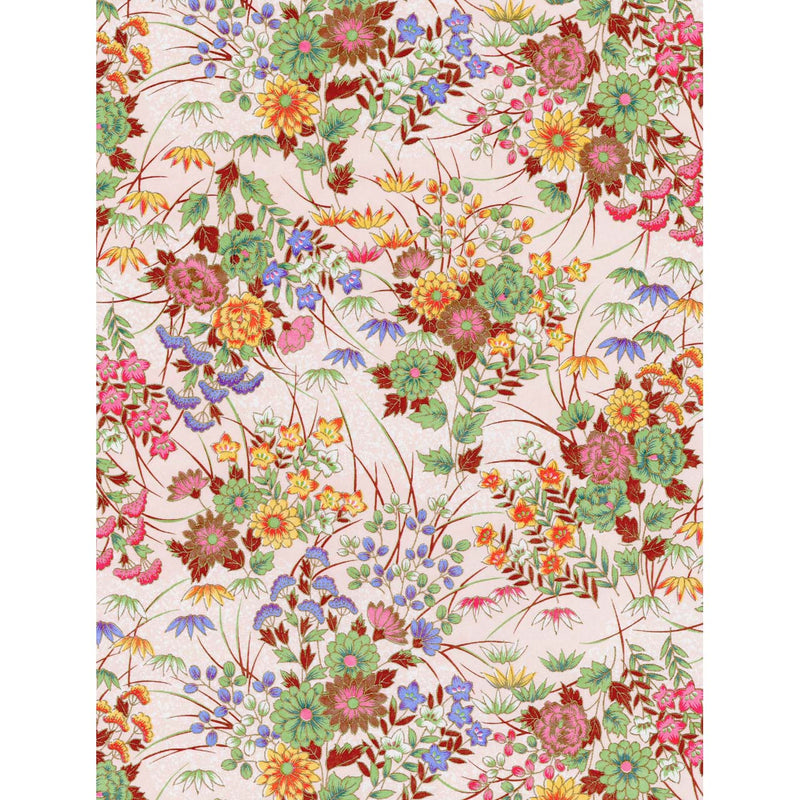 Japanese Chiyogami paper with colorful layered flowers, leaves, and trailing stems on a soft blush-pink background.