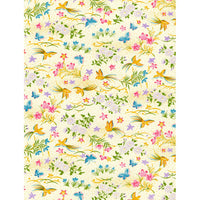 Japanese Chiyogami paper with colorful birds, butterflies, flowers, and leafy stems scattered across a warm cream background.