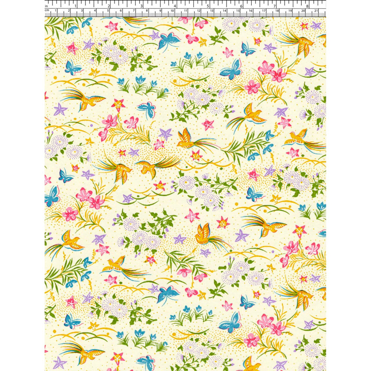 Close-up of hand silk-screen printed Chiyogami paper showing turquoise butterflies, golden birds, pink flowers, and green foliage on cream.