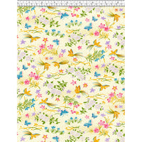 Close-up of hand silk-screen printed Chiyogami paper showing turquoise butterflies, golden birds, pink flowers, and green foliage on cream.