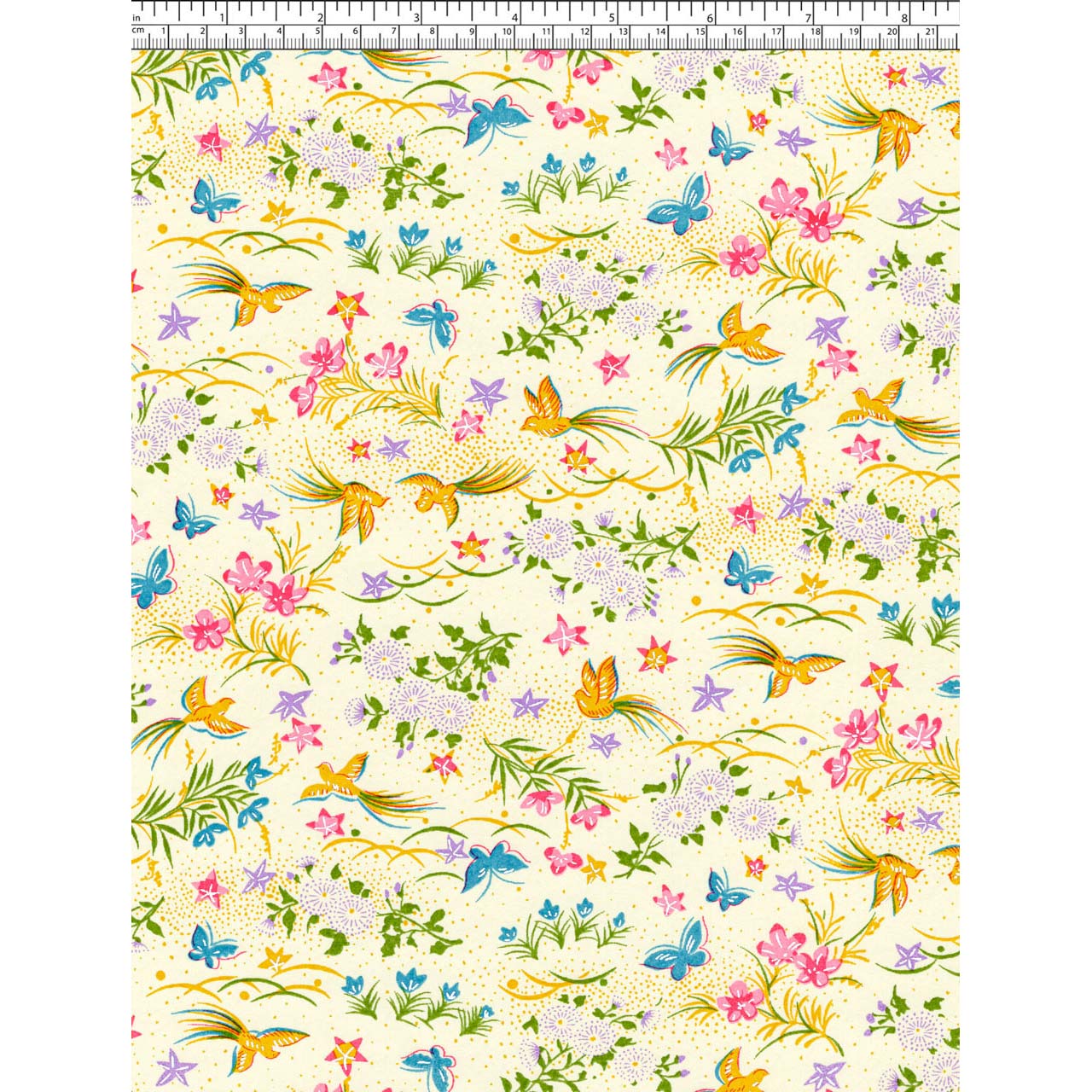 Close-up of hand silk-screen printed Chiyogami paper showing turquoise butterflies, golden birds, pink flowers, and green foliage on cream.