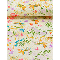 Close-up of hand silk-screen printed Chiyogami paper showing turquoise butterflies, golden birds, pink flowers, and green foliage on cream.