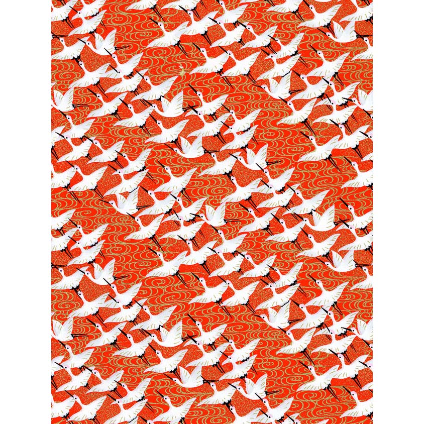 Japanese Chiyogami paper with white cranes flying across a vivid vermilion-red field of flowing gold-toned wave lines.
