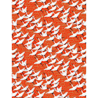 Japanese Chiyogami paper with white cranes flying across a vivid vermilion-red field of flowing gold-toned wave lines.