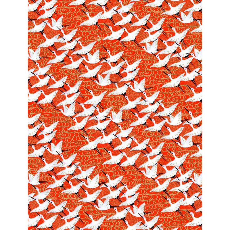 Japanese Chiyogami paper with white cranes flying across a vivid vermilion-red field of flowing gold-toned wave lines.