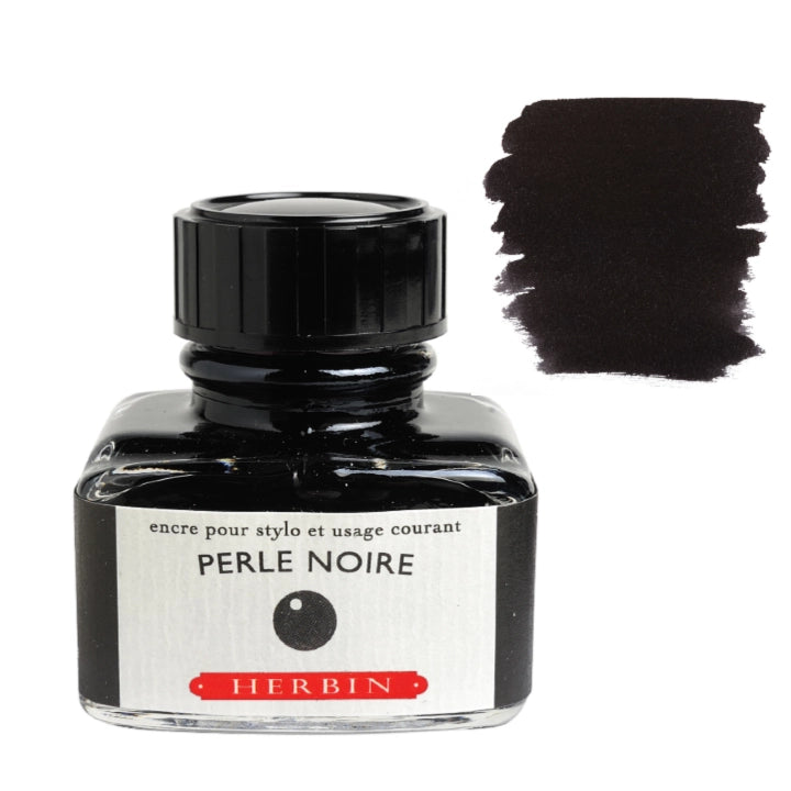 A bottle of Herbin Perle Noire black ink with a black cap and a white label, shown next to a black ink swatch on a white background.