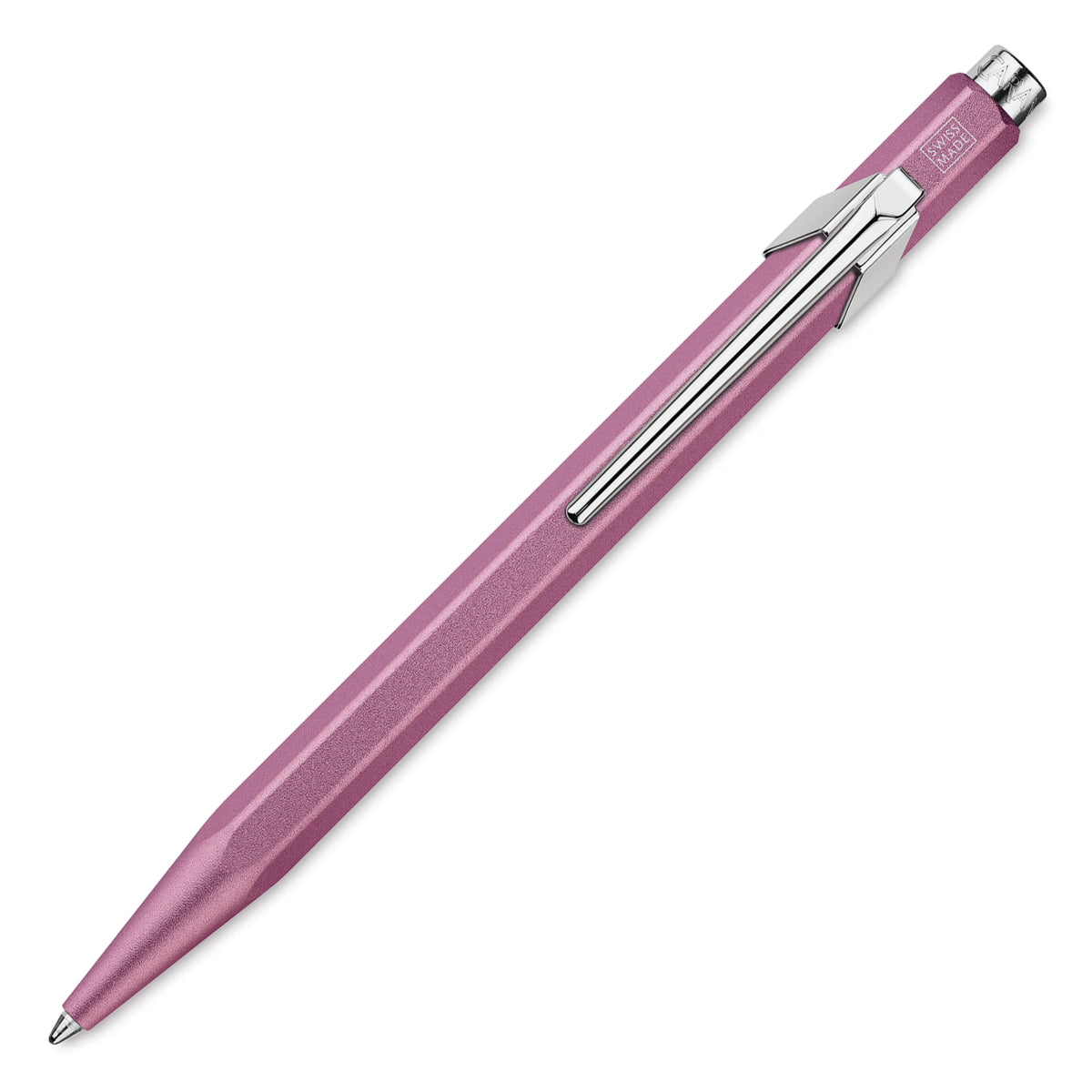 A metallic pink retractable ballpoint pen with a silver clip and silver tip, shown diagonally on a plain white background.