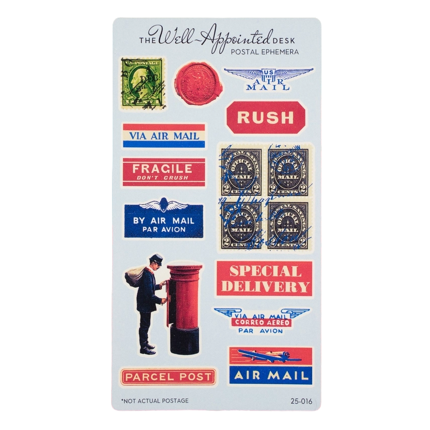 A vintage-style desk ephemera card featuring illustrated postage stamps, a red wax seal, a postman at a mailbox, and labels such as 'RUSH,' 'Fragile,' 'By Air Mail,' and 'Special Delivery' on a white background.
