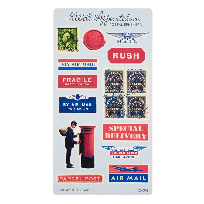 A vintage-style desk ephemera card featuring illustrated postage stamps, a red wax seal, a postman at a mailbox, and labels such as 'RUSH,' 'Fragile,' 'By Air Mail,' and 'Special Delivery' on a white background.
