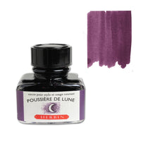 A bottle of Herbin Poussière de Lune ink with a black cap and purple label accents, shown next to a purple ink swatch on a white background.