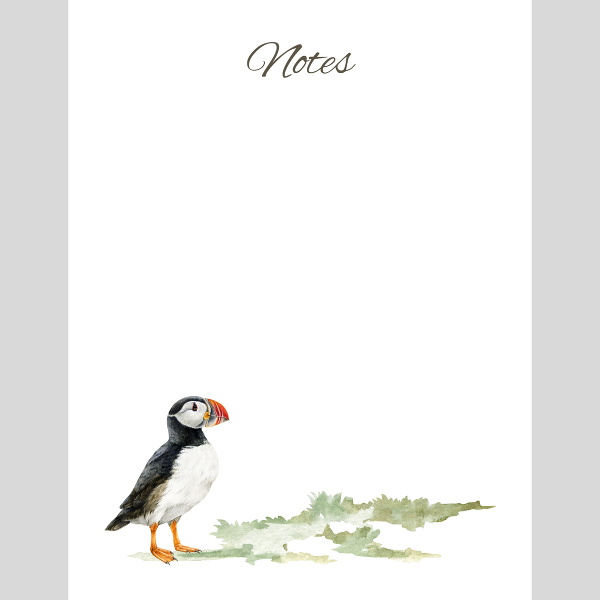 A watercolor-style note card or pad cover design with the word "Notes" at the top and a puffin illustration near the bottom left, shown on a white background with light gray side margins.
