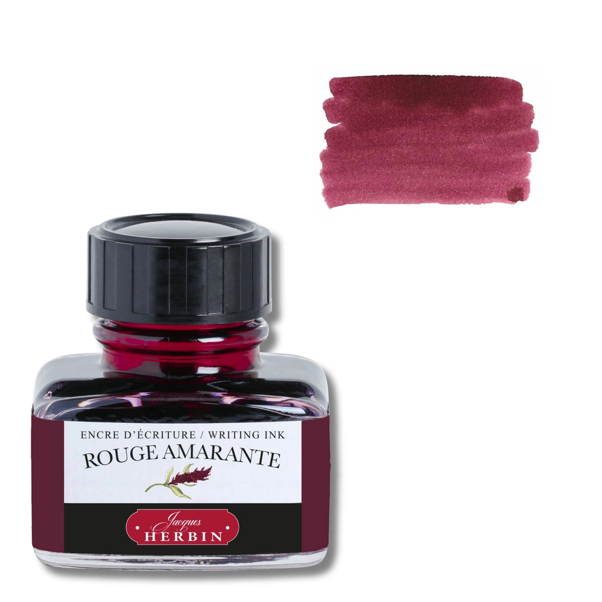 A bottle of Herbin Rouge Amarante writing ink with a black cap and a white label, shown next to a pinkish-red ink swatch on a white background.