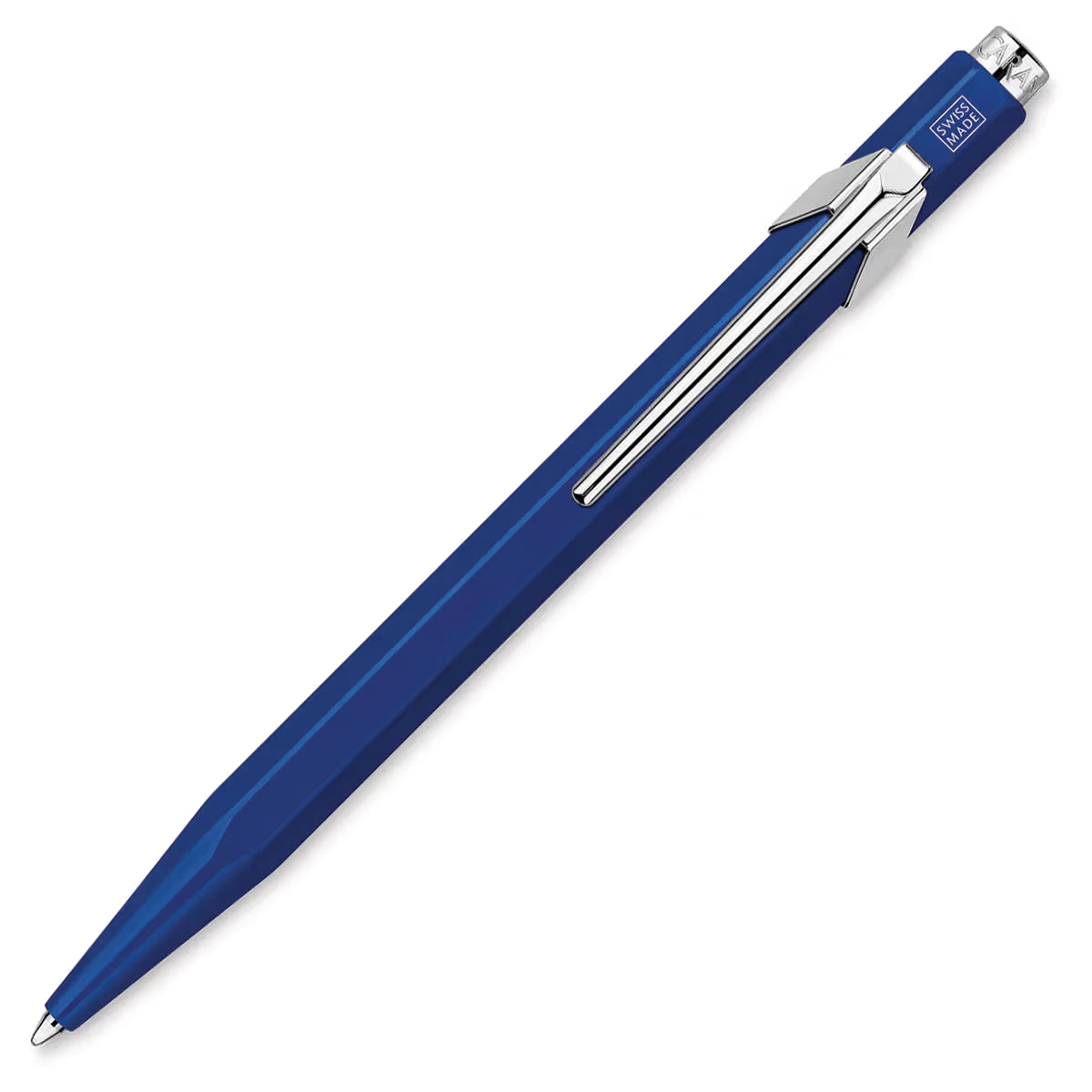 A blue retractable ballpoint pen with a silver metal clip and tip, shown diagonally on a plain white background.