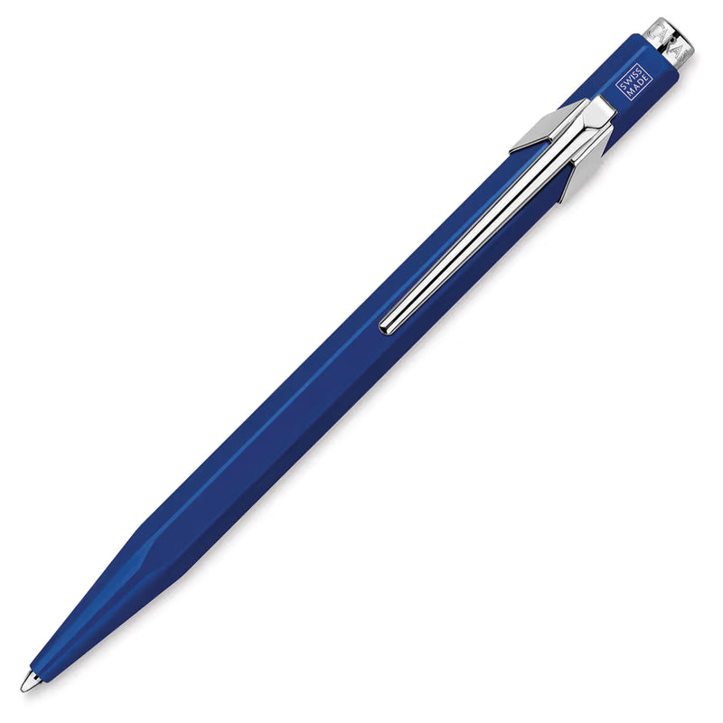 A blue retractable ballpoint pen with a silver metal clip and tip, shown diagonally on a plain white background.