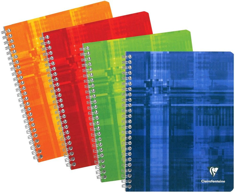 Four spiral-bound notebooks with abstract geometric patterns in orange, red, green, and blue, arranged in a fan shape on a white background. The blue notebook in the foreground features the Clairefontaine logo in the bottom right corner.