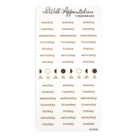 A white planner sticker sheet from The Well-Appointed Desk featuring typewriter days of the week from monday to sunday in brown text, with moon phase icons across the middle and product code 25-023A at the bottom right.