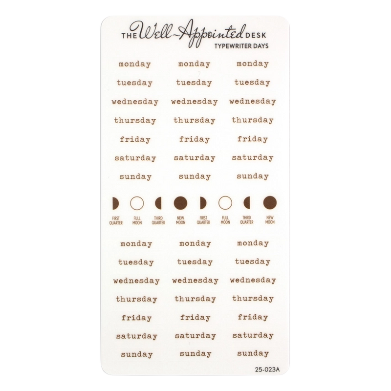A white planner sticker sheet from The Well-Appointed Desk featuring typewriter days of the week from monday to sunday in brown text, with moon phase icons across the middle and product code 25-023A at the bottom right.