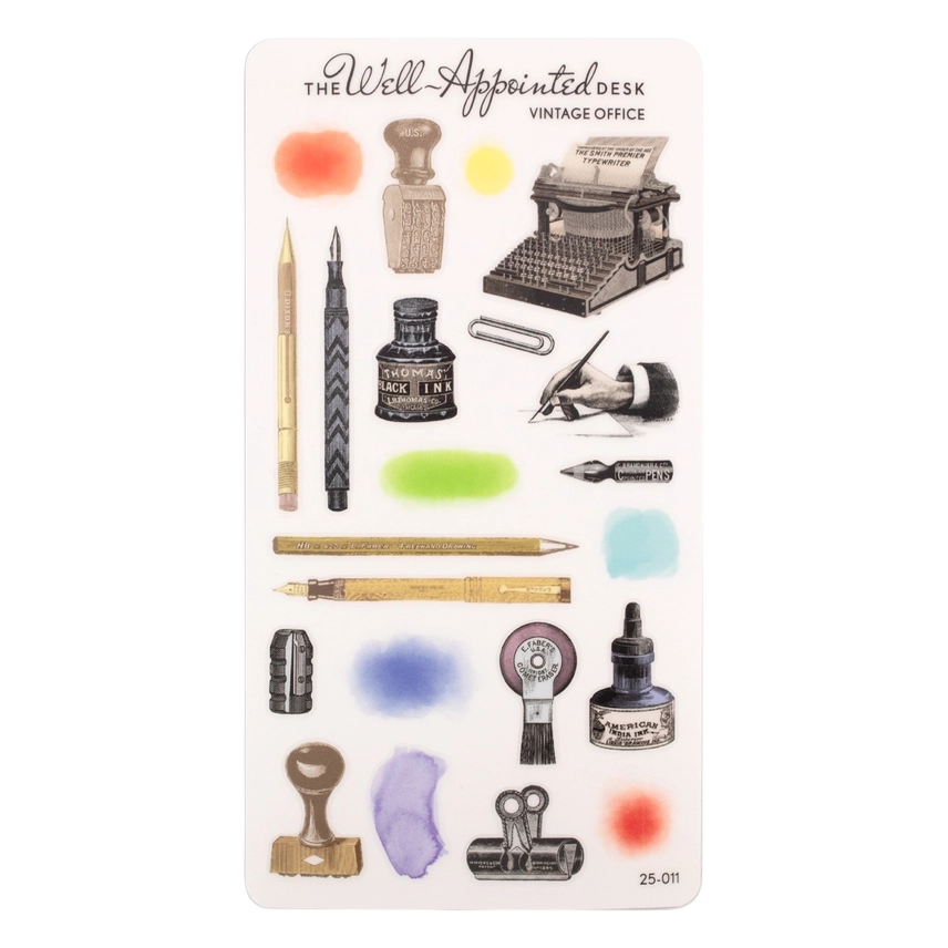 Set of office-themed stickers with vintage office supplies on a white card.