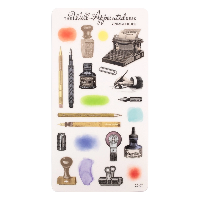 Set of office-themed stickers with vintage office supplies on a white card.