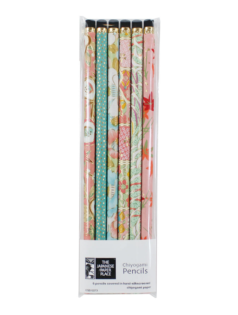 Close-up of six eraser-topped HB pencils wrapped in coordinated decorative Chiyogami paper designs.