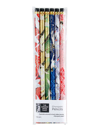 Close-up of six eraser-topped HB pencils wrapped in coordinated decorative Chiyogami paper designs.
