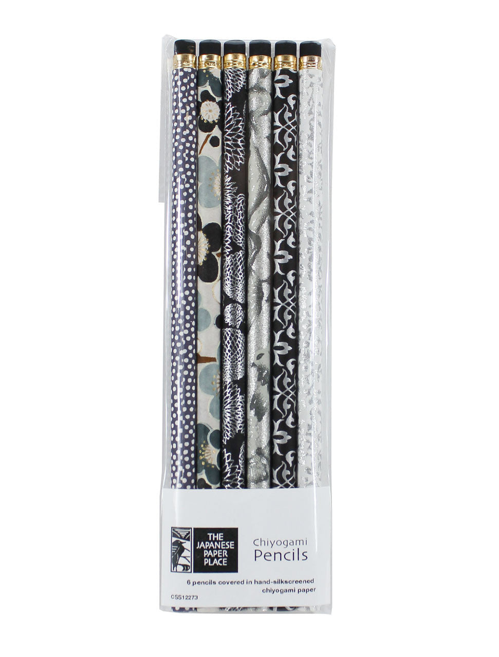 Close-up of six eraser-topped HB pencils wrapped in coordinated decorative Chiyogami paper designs.