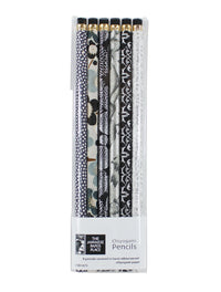 Close-up of six eraser-topped HB pencils wrapped in coordinated decorative Chiyogami paper designs.