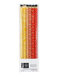 Close-up of six eraser-topped HB pencils wrapped in coordinated decorative Chiyogami paper designs.