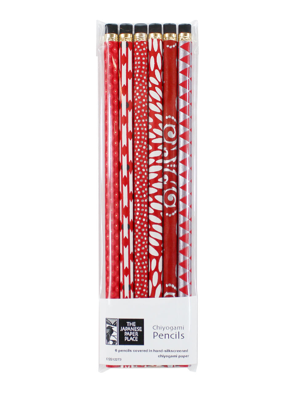 Close-up of six eraser-topped HB pencils wrapped in coordinated decorative Chiyogami paper designs.