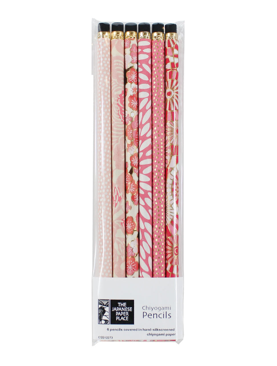Close-up of six eraser-topped HB pencils wrapped in coordinated decorative Chiyogami paper designs.