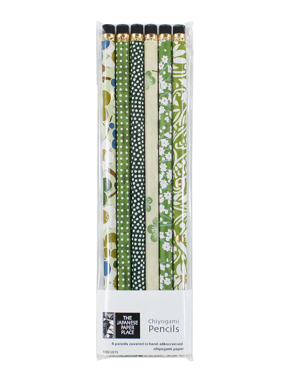 Close-up of six eraser-topped HB pencils wrapped in coordinated decorative Chiyogami paper designs.