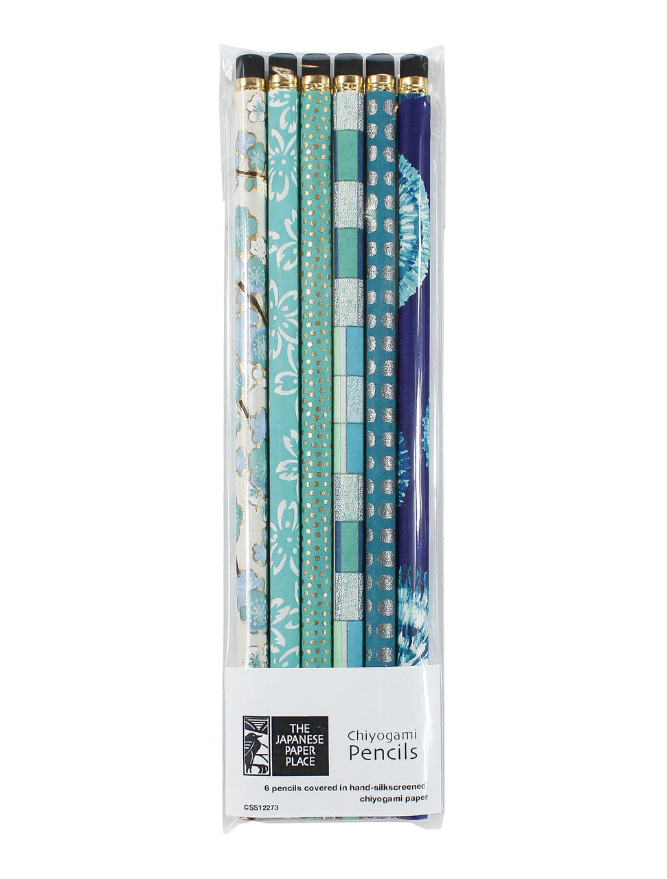 Close-up of six eraser-topped HB pencils wrapped in coordinated decorative Chiyogami paper designs.