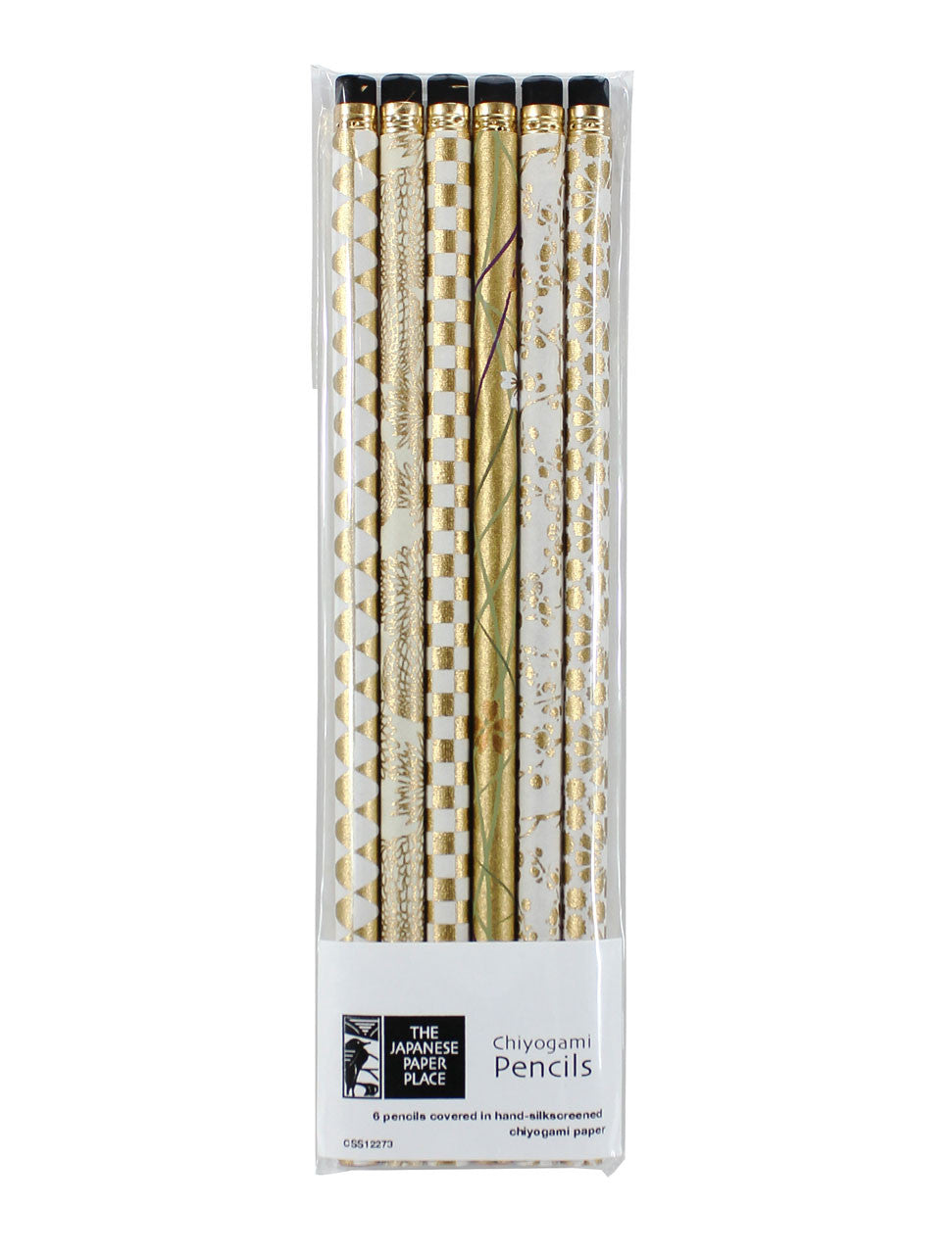 Close-up of six eraser-topped HB pencils wrapped in coordinated decorative Chiyogami paper designs.