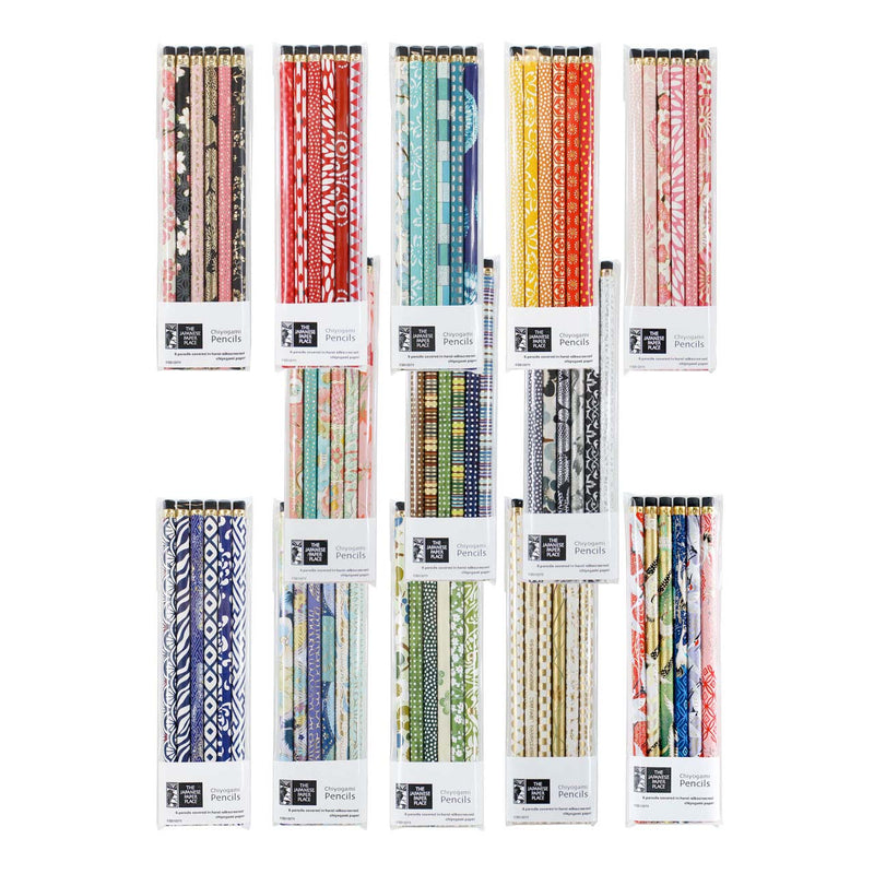 Thirteen coordinated sets of six Chiyogami-covered HB pencils in assorted colors and traditional Japanese paper patterns.