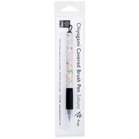 A Sakura fine brush pen wrapped in decorative Japanese Chiyogami paper with black rubber grips and capped felt tips.