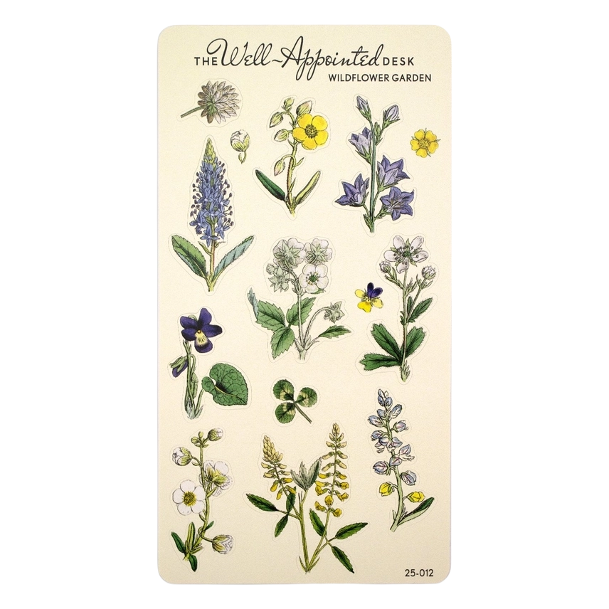 Card with illustrations of various wildflowers on a beige background, featuring the text 'The Well-Appointed Desk Wildflower Garden'.