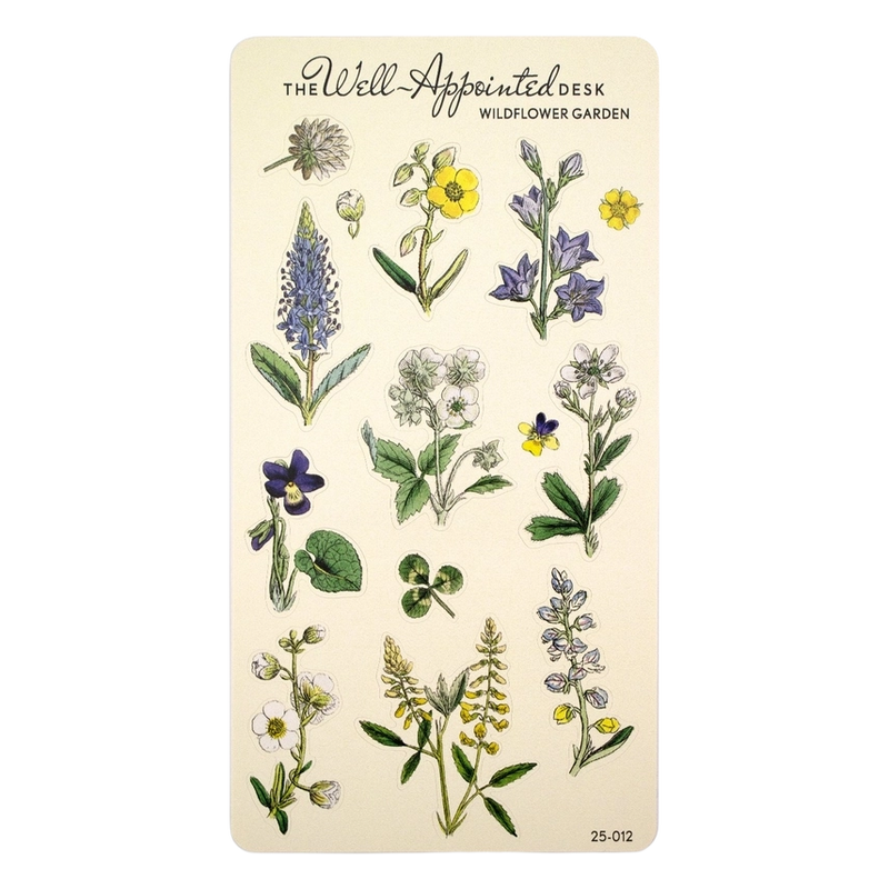 Card with illustrations of various wildflowers on a beige background, featuring the text 'The Well-Appointed Desk Wildflower Garden'.