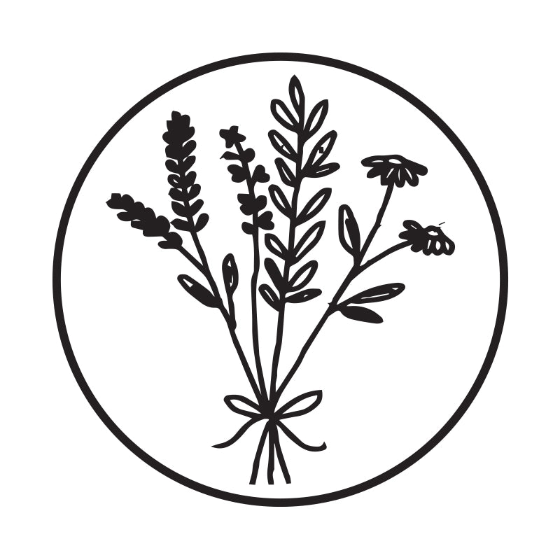 Black line drawing of a plant in a circular frame on a white background