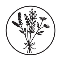 Black line drawing of a plant in a circular frame on a white background