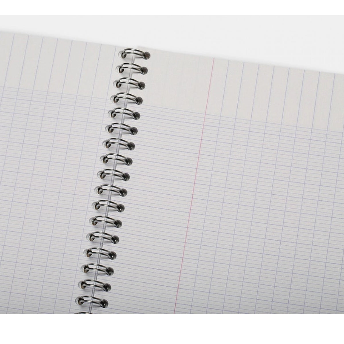 A close-up of an open spiral-bound notebook with lined graph paper and a red margin line, bound by a silver metal coil.