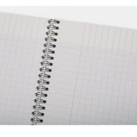 A close-up of an open spiral-bound notebook with lined graph paper and a red margin line, bound by a silver metal coil.