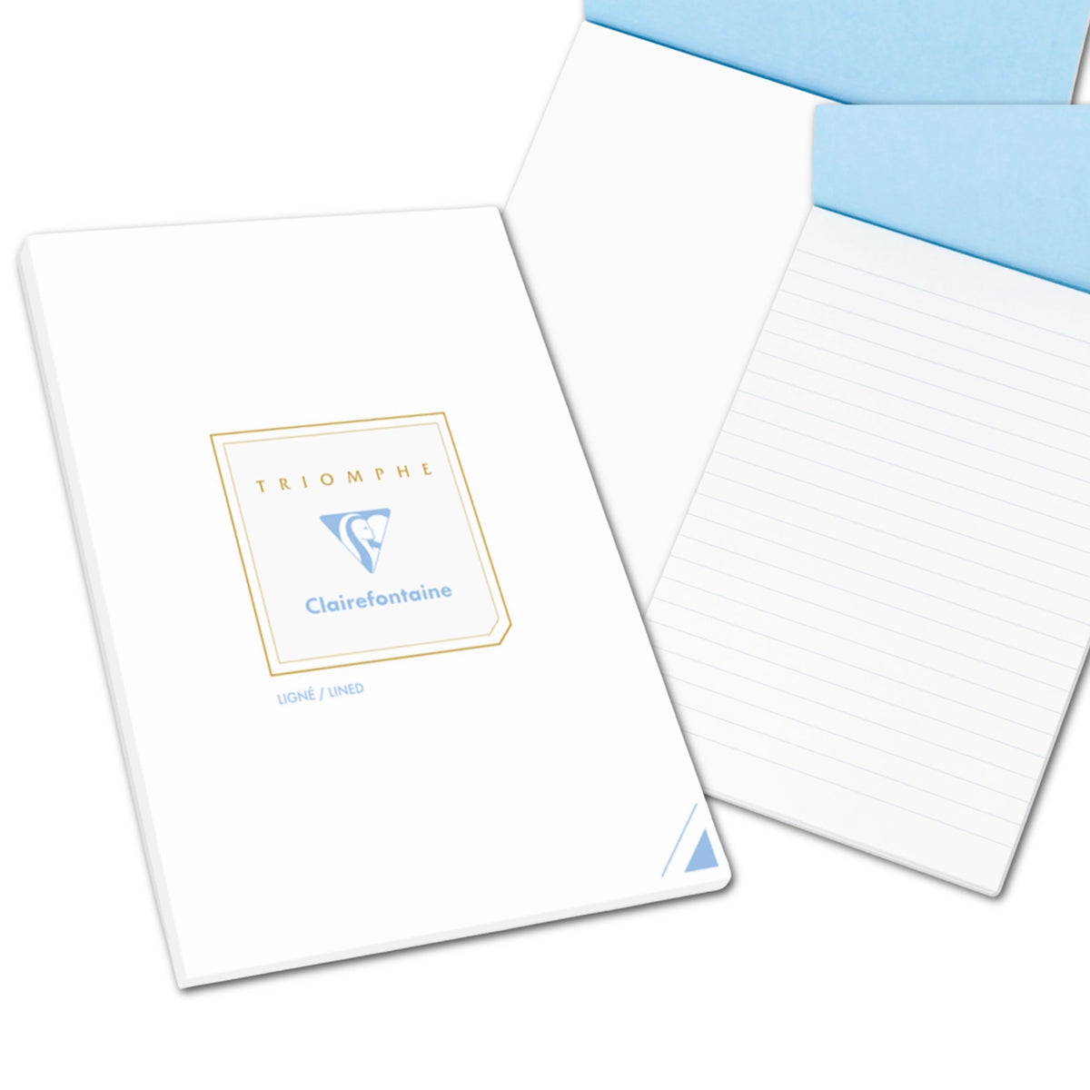 White notebook with blue envelope on a white background