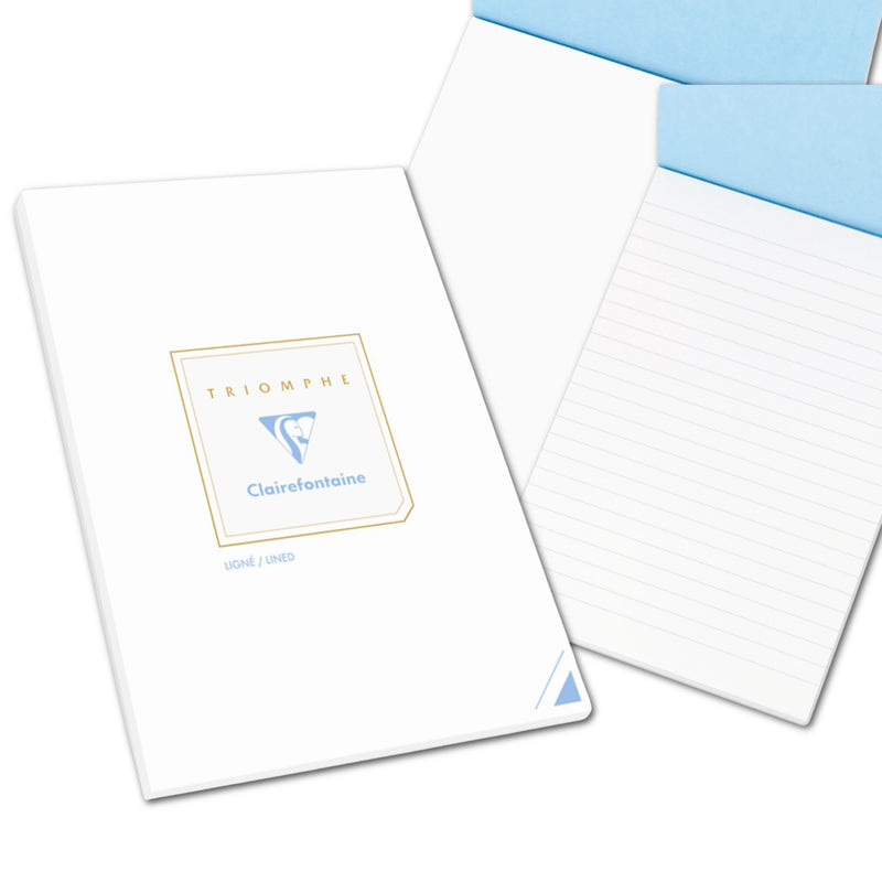 White notebook with blue envelope on a white background